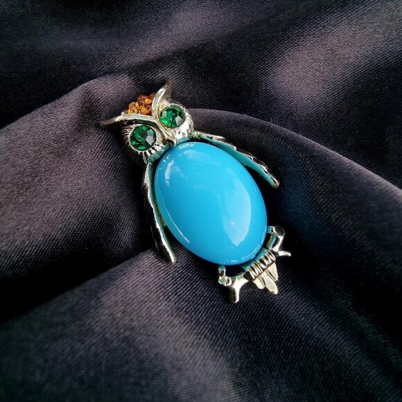 Vintage Blue Cabochon Green Eyes Citrine Rhinestones Gold Toned Owl Animal Brooc - Picture 1 of 6